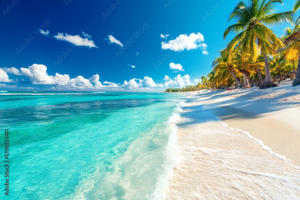 Fototapeta premium A stunning tropical beach with crystal clear turquoise water, white sand, and palm trees swaying gently in the breeze