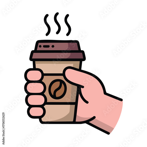 Hand holding a steaming hot disposable coffee cup with a coffee bean logo and brown lid