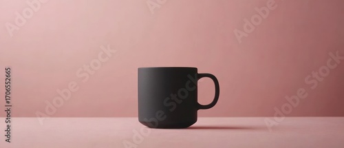 Dark grey mug on pale pink background minimalist product photography