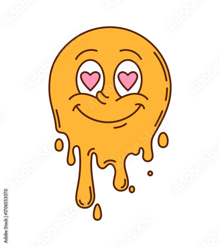 Cartoon retro groovy melt smile face, Valentine character with heart eyes. Isolated vector yellow hippie vintage dripping emoji melting psychedelic facial expression in love. Trippy face with y2k vibe