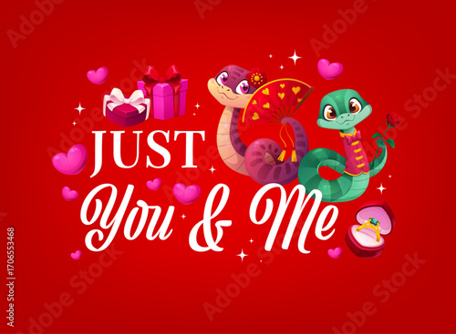 Valentine Day quote just you and me. Romantic love holiday quote phrase greeting card vector typography of cartoon snake character, Valentine Day love heart, gift box and wedding ring