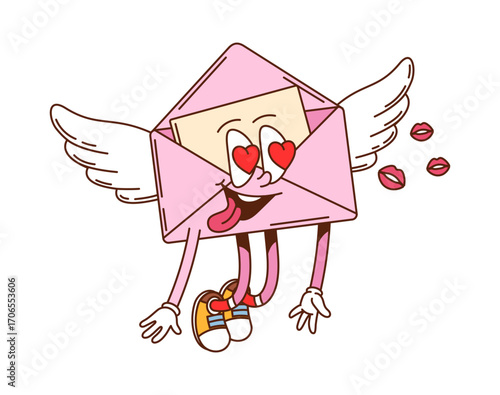 Cartoon groovy Valentines day envelope character flying with hearts in eyes. Isolated vector vintage holiday mail or letter personage, retro comic romantic love message for celebration and greetings