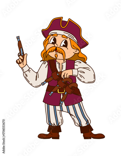Cartoon European pirate and corsair sailor character with captain hat, and pistols poses joyfully. Vector groovy cheerful and adventurous y2k rover personage wears filibuster shirt and striped pants