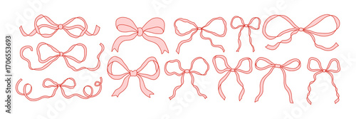 Set of hand drawn ribbon bows in coquette style. Cute feminine decorative elements for digital design, scrapbooking, planners, invitations, packaging, and social media. Isolated on white vector art