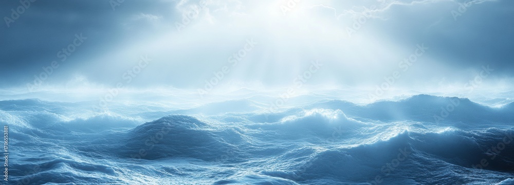 Fototapeta premium Misty cold waves roll gently as pale blue light filters through the clouds at dawn, creating a serene and mystical atmosphere over the ocean