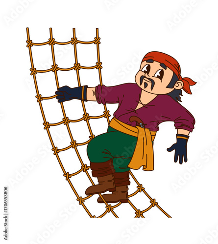 Cartoon Caribbean pirate sailor ship crew groovy character climbs a rope ladder, wearing a red bandana and classic swashbuckler attire. Playful vector corsair personage sailing the ocean for adventure