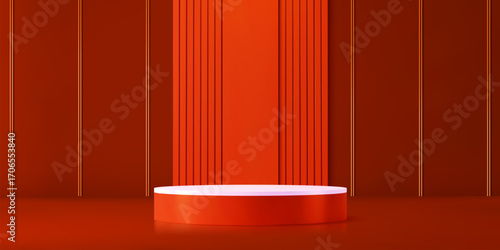 3d red podium stage pedestal, realistic platform mockup for showcasing cosmetic. Vector studio background with circular platform and gold lines for promoting and presenting beauty or skincare products