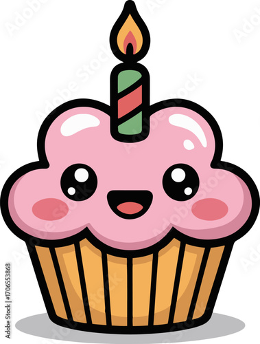 Vector art of a cute cupcake with pink frosting and a lit candle, perfect for birthday celebrations, sweet treats, and adorable designs for kids and party invitations