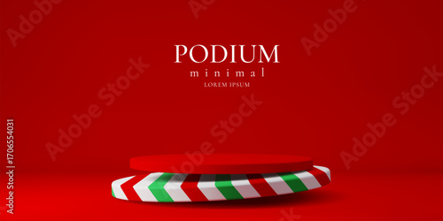 Christmas 3d podium stage. 3d vector display with round platform, featuring a lower base decorated in green, white, and red diagonal stripes against red background for presentation or product showcase