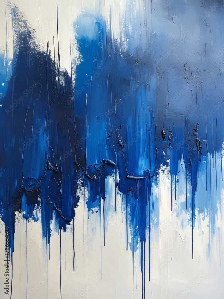 Obraz premium An expressive abstract painting with heavy impasto textures and dramatic drips of deep blue paint against a white background. The artwork conveys raw emotion and movement.