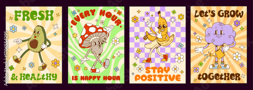 Groovy characters posters, cartoon funny personages with smile faces, vector set. Groovy posters with trippy psychedelic mushrooms and banana on disco party, funky avocado and cloud with happy smile