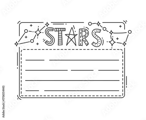Galaxy space stars kids memo note frame. Kids education schedule vector sticker, To Do list label. Children scrapbook frame or diary memo note template with space star constellations funky typography