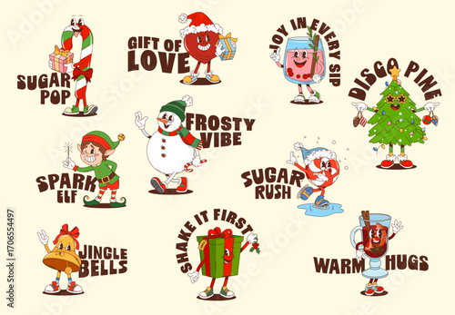 Christmas hippie Y2K groovy stickers with cartoon funny characters, vector t shirt prints. Groovy stickers with winter holiday quotes, funky Christmas tree and snowman with Santa gifts for New Year