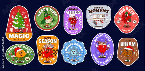 Christmas groovy label stickers and Xmas hippie patches for winter holidays, cartoon vector. Christmas stickers with groovy characters of happy snowflake and funky hot chocolate with cookie and gifts