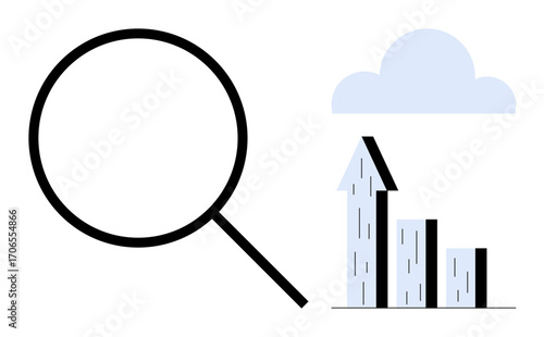 Magnifying glass beside upward graph with bars and cloud. Ideal for analytics, growth, business strategy, cloud computing, market research, data management, simple landing page