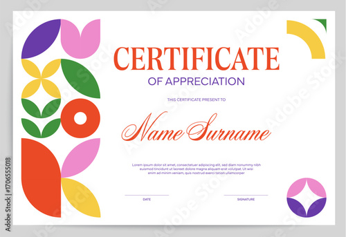 Certificate of appreciation diploma template with geometric pattern, abstract shapes and vibrant colors. Vector award background, recognition and honor trophy frame with placeholders for information