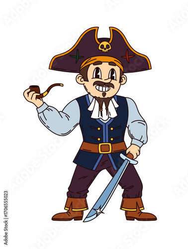 Funny groovy pirate or corsair character of captain sailor of ship crew, cartoon vector. Groovy Caribbean pirate character or boatswain man in corsair tricorne hat with smoking pipe and saber sword