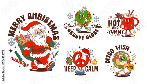 Funny Christmas groovy hippie characters stickers for New Year, vector t shirt prints. Y2K groovy Christmas stickers with cartoon Santa and New Year gifts, decoration and winter holiday quotes