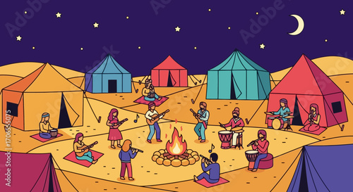 Desert Campfire Music Celebration Under Starry Night Sky with Traditional Tents and People Playing Instruments