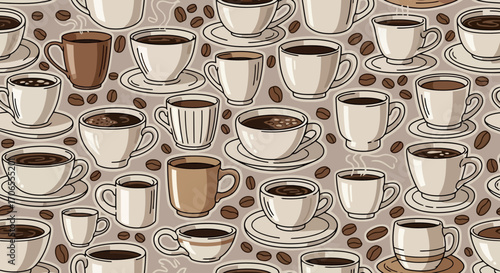 Cozy Coffee Break Pattern Assortment of Coffee Cups and Beans Background