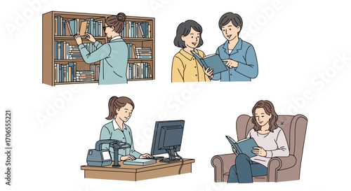 Diverse Women Engaged in Reading and Learning Activities in a Library Setting