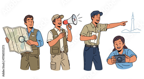 Tour Guide Team Exploration Narration Direction Photography Diverse Group Ready for Adventure