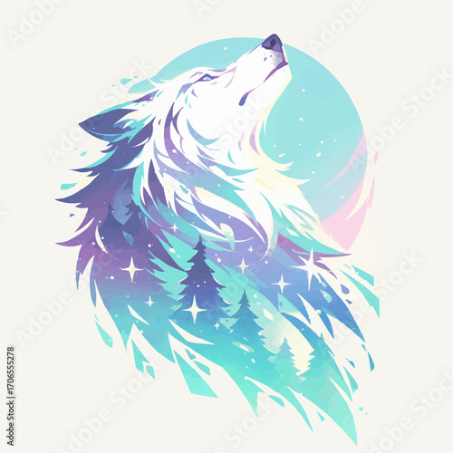 Stylized fantasy wolf illustrations in various colors and designs, glowing animal portraits with mystical elements
