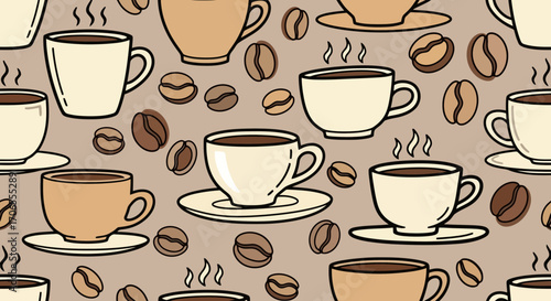 Cozy Coffee Break Seamless Pattern of Steaming Cups and Roasted Beans Perfect for Cafe Decor Food Packaging and Social Media Graphics