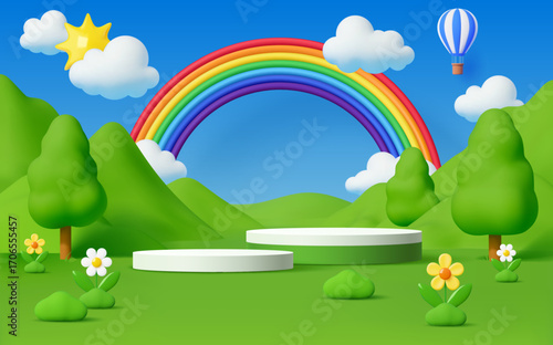 Kids podium with green grass, mountain hills and rainbow, hot air balloon, fluffy clouds and blooms. 3d vector stage in summer garden with flowers and greenery. Playful cartoon landscape and scene