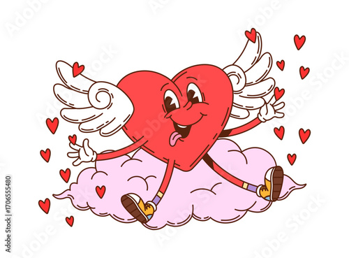Cartoon groovy heart Valentines Day character with wings and sneakers sitting happily on pink fluffy cloud, embodying love and happiness. Vector retro personage symbol of affection and celebration