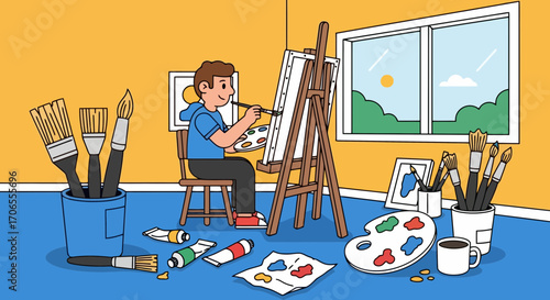 Young Artist Painting in Bright Studio with Easel Brushes and Palette Creative Hobby and Art Class Illustration