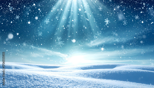 Sparkling snowflakes gently fall against a bright blue sky, creating a magical winter scene with fresh white snow on the ground and sunlight reflecting off the crystals.