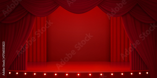 3d stage with red curtains, theater scene with folded drapes. Vector classic theatre podium for performance, opera, concert, dance, music show. Background with glowing spotlights illumination on floor