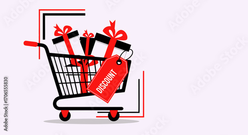 Shopping Cart with Gift Boxes and Discount Tag for Black Friday Promotions, Holiday Marketing, E-commerce Websites, Online Retail Campaigns, and Seasonal Advertising