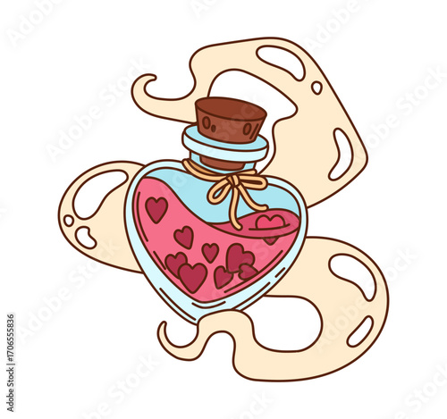Cartoon groovy love potion bottle with heart shaped glass, pink liquid and swirling magic aura. Vector cute retro Valentine day flask, symbol of romance, enchantment and sweet emotional y2k vibe