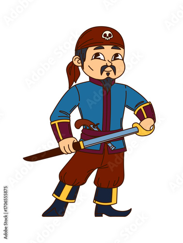 Asian cartoon pirate and corsair character in blue and brown clothing, holding sword with a confident expression. Isolated vector groovy filibuster personage wearing a red bandana with a skull emblem