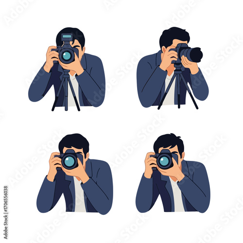 Photographer Set Four Angles of Man Holding Camera Capturing Moment with Professional Equipment
