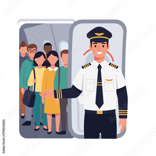 Friendly Pilot Welcoming Passengers Boarding Airplane for Safe and Comfortable Flight