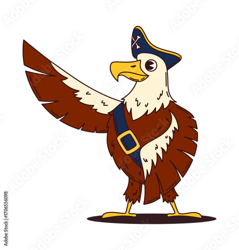 Cartoon eagle animal pirate and corsair ship crew character in tricorn hat, embodying classic nautical maritime adventure vibe. Isolated vector falcon bird buccaneer captain personage with raised wing