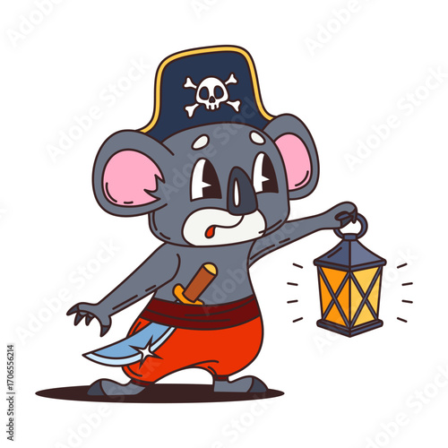 Koala pirate or corsair cartoon animal character of ship crew, vector personage. Koala in Caribbean captain tricorne hat with fire lantern lamp as Caribbean sailor corsair or seaman animal character