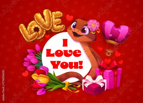 I love you Valentine day greeting card with cute cartoon snake with flowers, gifts, heart balloon and surrounded by tulips and hearts on a red background, it expresses love and playful holiday vibe