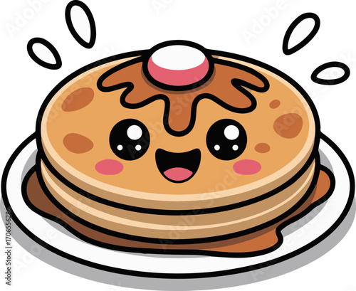 Vector art of cute pancake cartoon adorable pancake character with syrup smiling kawaii pancake with butter and maple syrup funny breakfast illustration for kids, sticker, print, design