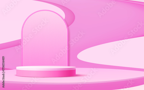 3d pink podium stage with pedestal and wave shapes geometric background. Vector minimal presentation platform or product display podium with round pedestal and pink white striped arch, ad banner