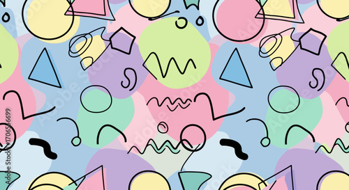 Retro Memphis Style Pattern with Geometric Shapes Pastels and Doodle Elements Vibrant Abstract Seamless Background