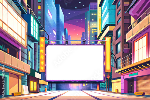 Massive white billboard in cyberpunk futuristic alley illustration vector, neon glow lights, urban dystopia, modern sci-fi environment, blank advertising surface, surreal night skyline