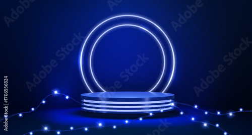 3d blue podium stage with holiday garland and neon light circle frame. Vector abstract product display platforms with minimal geometric blue pedestals, empty studio podium and show room stage