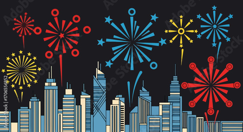 Vibrant Fireworks Explode Over City Skyline at Night Celebrating New Year s Eve Festival or Holiday Event Vector Illustration