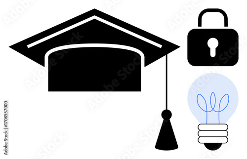 Graduation cap, lock, and glowing light bulb represent education, security, and ideas. Ideal for learning, innovation, intellectual property, protection achievement security simple flat metaphor