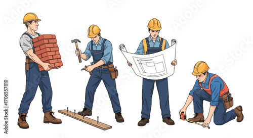 Construction Workers Building Project Stages Bricks Hammering Blueprint Measuring Diverse Team Concept