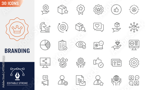 Branding line icon set. Includes as logo, identity, product, company, strategy, distribution. Editable stroke. Vector illustration